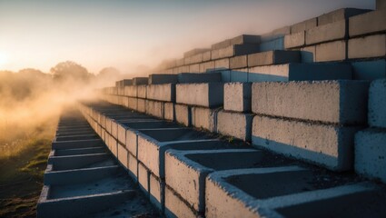 Obraz premium A gray concrete block retaining wall with two tiers is bathed in the light of early morning.