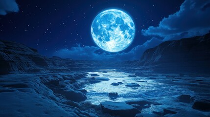 Lunar landscape at night.  Vast, icy plains, a serene river reflecting the giant blue moon,  with starry sky and rocky mountains
