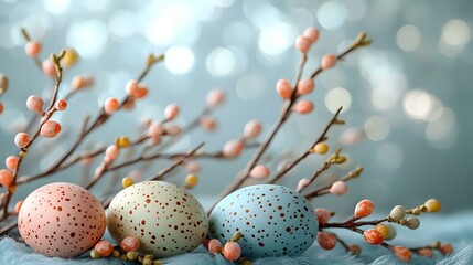 Fototapeta premium Speckled Easter eggs in pastel colors with spring pussy willow branches against soft bokeh background create festive holiday atmosphere.