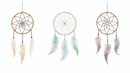 Ethereal Watercolor Dreamcatchers with Soft Feathers: Mystical & Serene Themes for Boho Decor & Spiritual Projects - Perfect Photo Stock Concept with Left Space