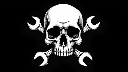 Black and White Skull with Crossed Wrenches: A Symbol of Strength and Industrial Craftsmanship in Photo Stock with Empty Space for Customization