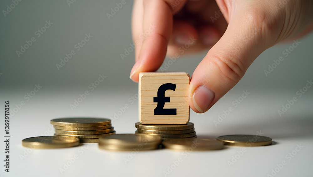 Poster hand placing wooden cube and inflation symbol on coins: visualizing fed interest rate hike and infla