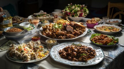 Obraz premium Celebratory feast featuring diverse dishes at a family gathering indoor setting culinary showcase warm atmosphere