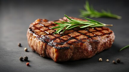 A perfectly grilled steak garnished with fresh rosemary and sprinkled with peppercorns on a sophisticated dark gray surface ready for culinary enjoyment