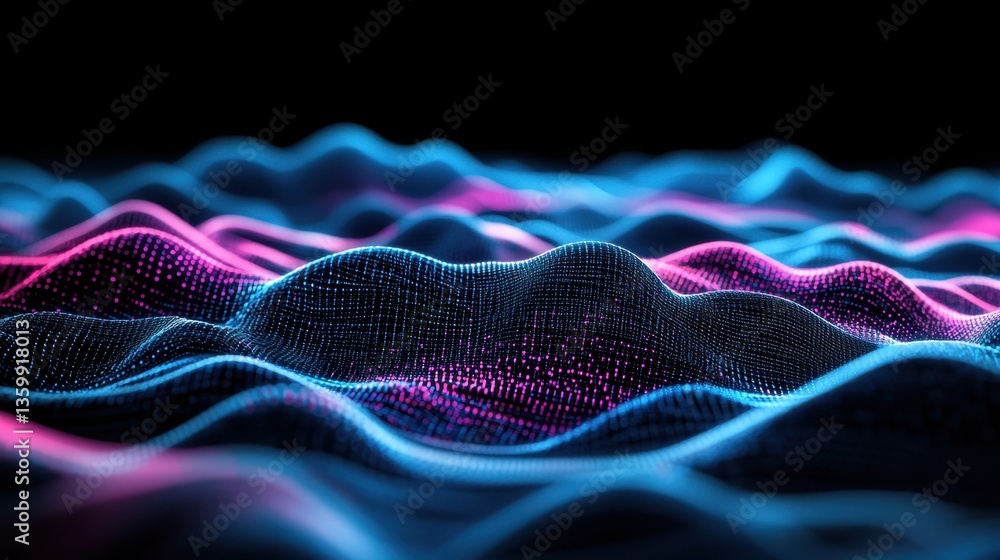Poster abstract digital rende of flowing interconnected glowing blue and pink particles forming a lively da