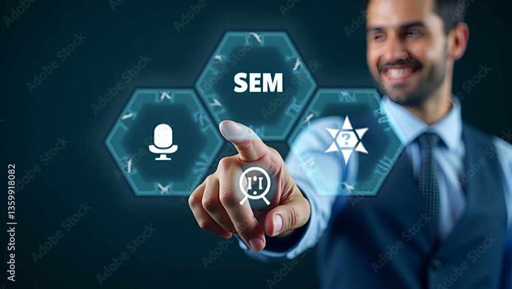 Poster businessman points to sem icons on digital interface representing search engine marketing seo strate