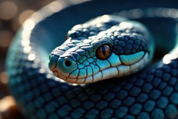 Obraz premium Snake's facial scales glisten in sunlight, revealing blue viper's identity , serpentine, blue viper snake face, closeup