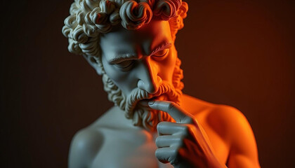 An ancient statue of a thoughtful figure, with a serene and contemplative expression. The statue exudes wisdom and mystery, capturing the essence of timeless art and classical beauty in its design.

