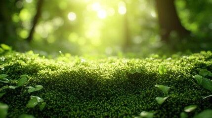 Naklejka premium Lush forest moss bathed in sunlight
