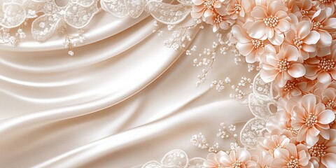 A soft, gentle abstract background featuring satin fabric and delicate floral embellishments with ample copy space
