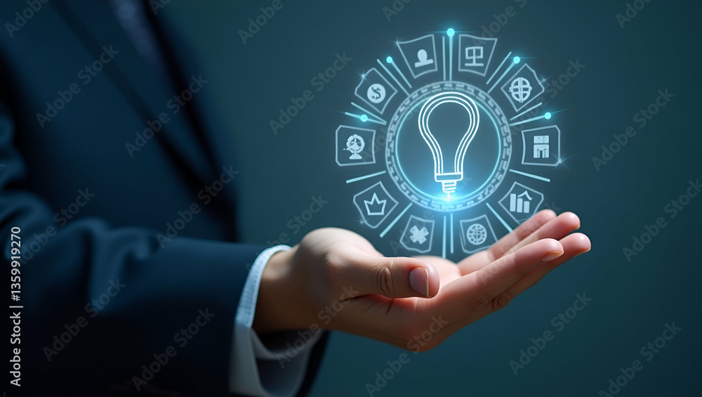 Poster hand holding holographic quality control certification device: assurance and guarantee icons for aut