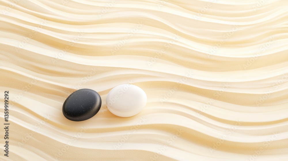 Poster a serene composition featuring a black and white stone resting on a textured, wavy surface, creating