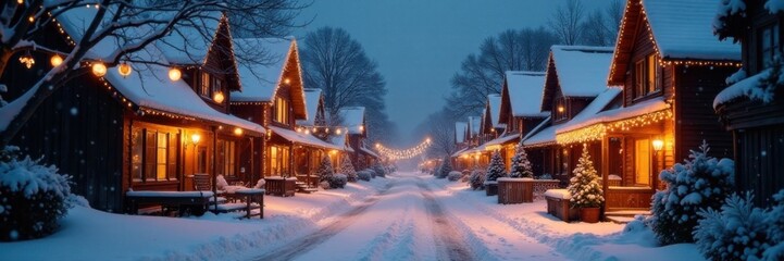 Fototapeta premium Snow-covered village street with festive lights and Christmas decorations, village at night, holiday ambiance