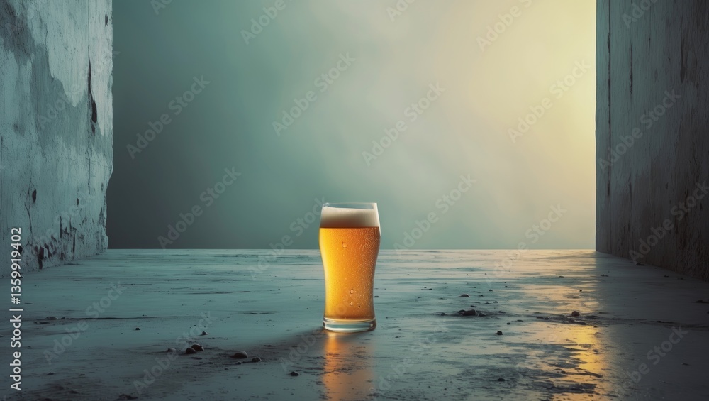 Poster conceptual minimalist flat lay featuring a beer glass set against a gray concrete backdrop with spac