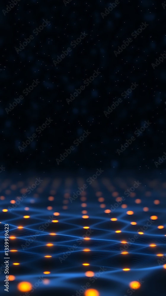 Aufkleber glowing orange nodes connected by blue light streams on dark background, representing digital networ