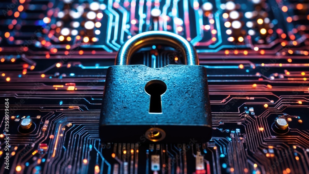 Poster a data security padlock with a keyhole is positioned at the junction of the circuits. privacy of dig