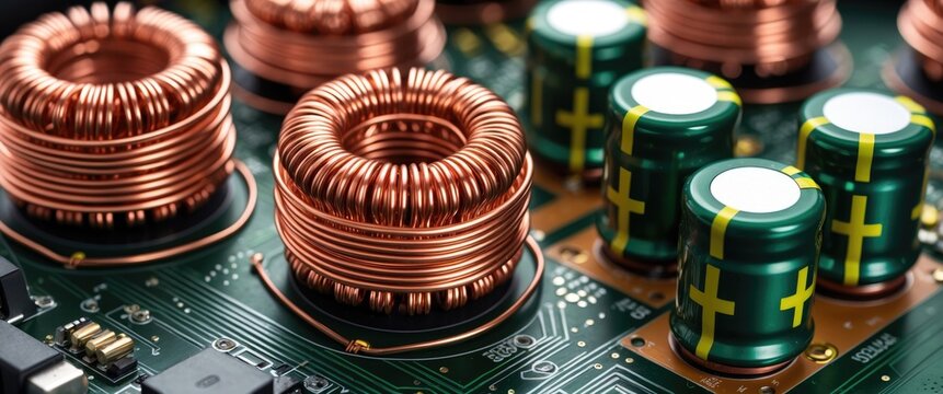 Yellow ferrite cores of toroidal inductors wrapped in copper wire on a printed circuit board. Close-up of electronic components. Coils or electrolytic capacitors on PCB detail of the converter.