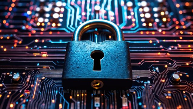A data security padlock with a keyhole is positioned at the junction of the circuits. Privacy of digital data and information. Within the scope of digital safety, future technological security, and...