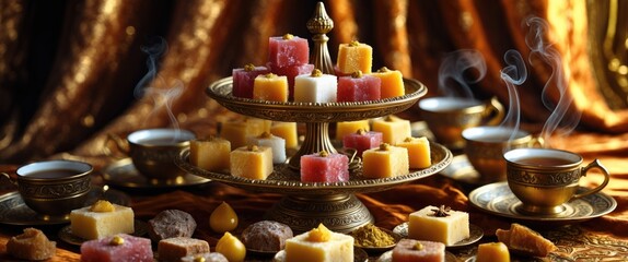 Obraz premium Traditional tea accompanied by lokum and muska pestili, featuring Turkish delight. Variety of oriental sweets.