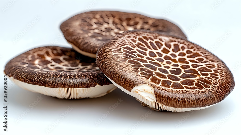 Aufkleber fresh portobello mushrooms with distinctive net pattern on brown caps arranged on white surface, mac