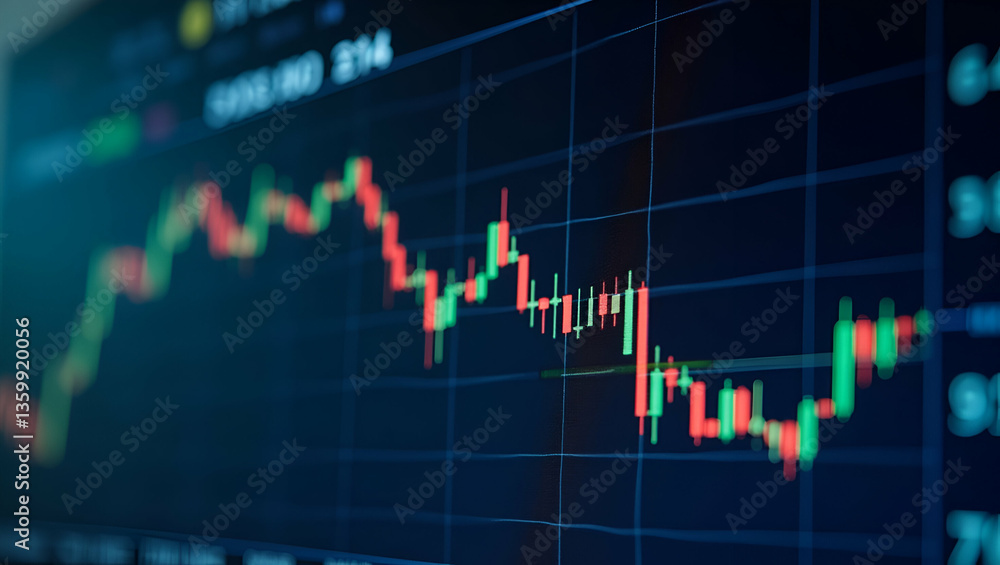 Poster close-up view of stock market graph chart with investment indicators and trading data on monitor scr