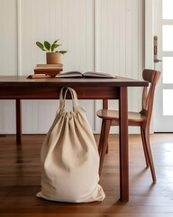 Cozy workspace featuring a wooden table, a chair, a plant, and a fabric bag in a minimalist setting during daylight hours