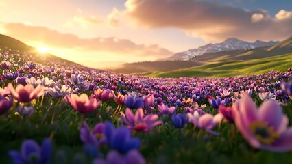 Obraz premium A vibrant field of colorful flowers with mountains in the background and a sunset casting warm light over the scene. Concept Vibrant Flower Field, Majestic Mountains, Sunset Glow, Nature Photography