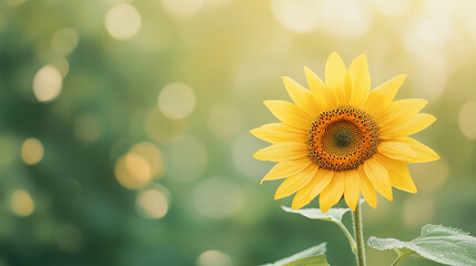 Close-up of a single sunflower covered in morning dew, with a softly blurred background. 