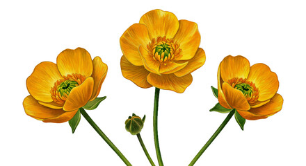 Obraz premium A Trio of Radiant Buttercups With Luminous, Buttery-Yellow Petals and Delicate Green Accents