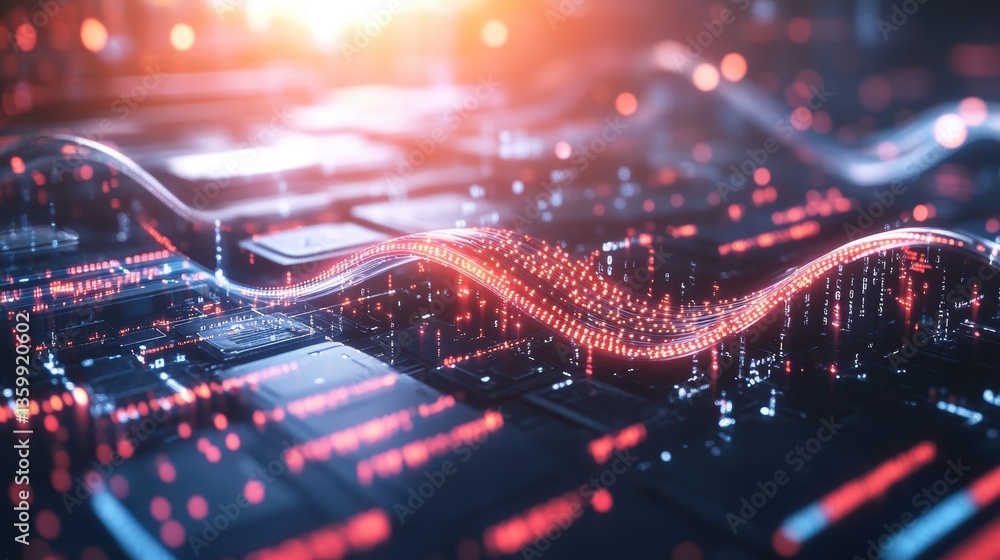 Poster abstract digital rende of glowing red and orange light waves flowing across a circuit board illustra