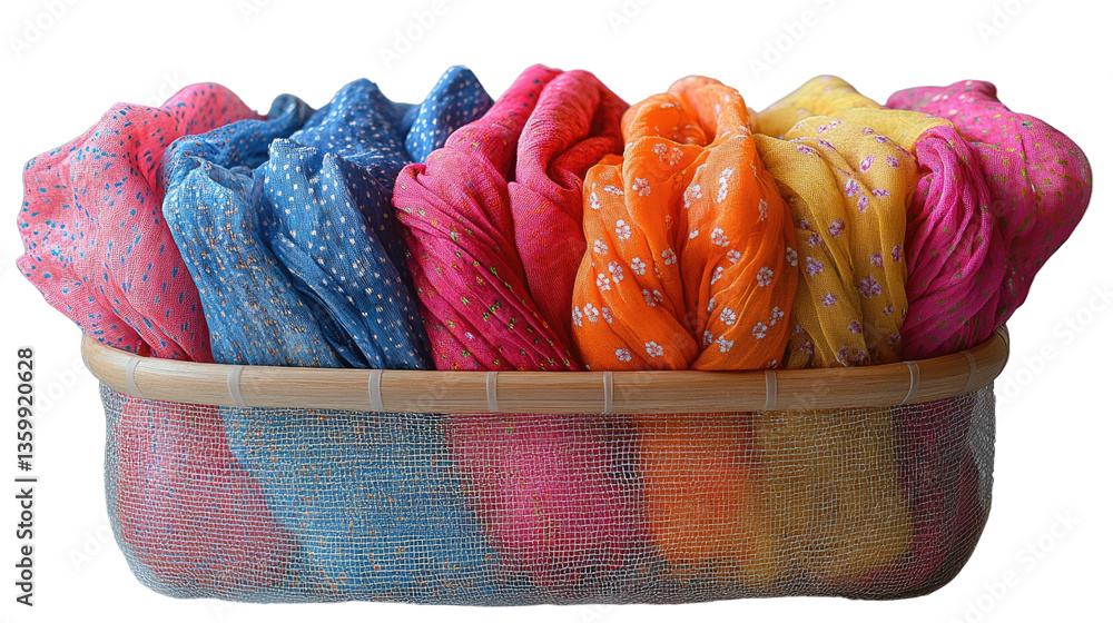 Poster Basket of Colorful Fabrics: A vibrant basket overflowing with assorted fabrics of different colors and patterns, artfully arranged to showcase texture and variety. 