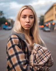 Fototapeta premium Young woman standing on urban street at dusk, wearing a plaid jacket and holding a blanket, reflecting on a quiet evening