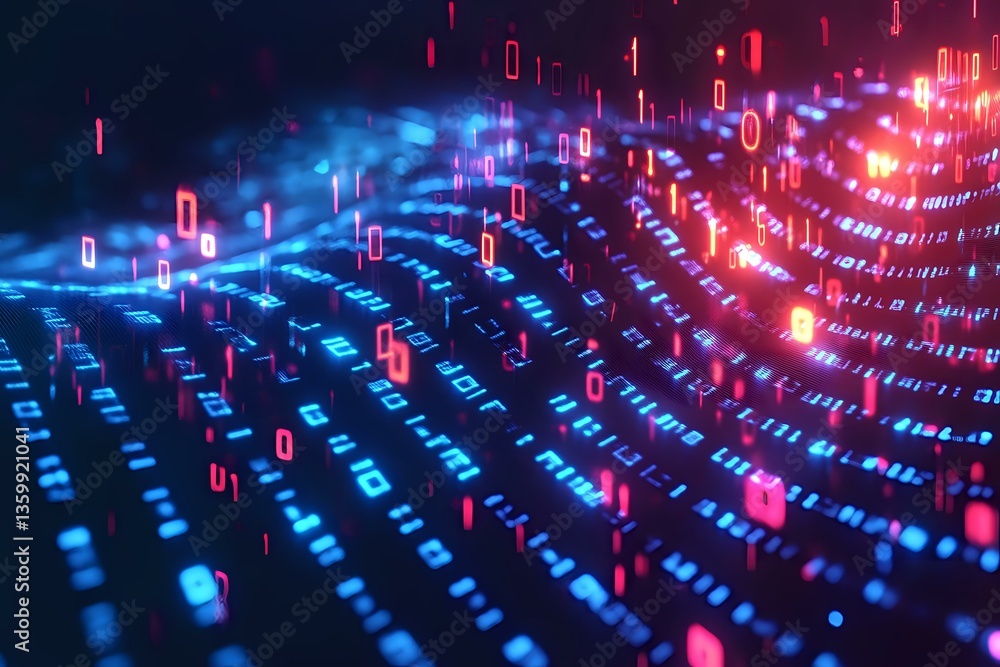 Poster digital binary code matrix in vibrant neon blue and pink colors flowing in wave pattern, abstract te