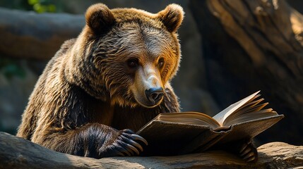 Obraz premium A grizzly bear carefully flipping through a book, hyperrealistic details in fur and book texture. 