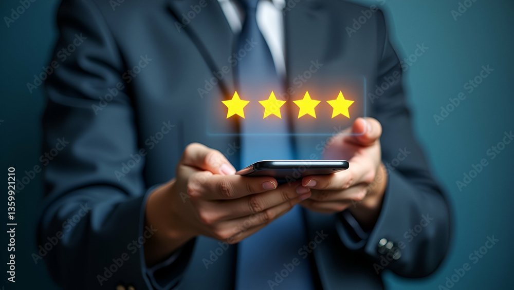 Poster enhance customer satisfaction: hand using holographic review interface with five-star ratings and em
