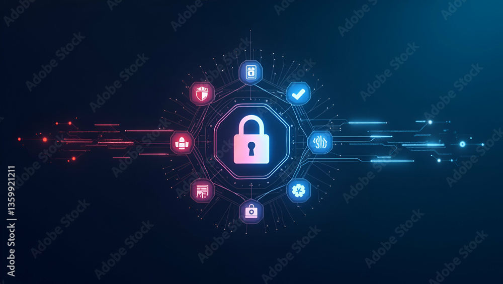 Poster flat cybersecurity data protection technology concept showcasing data protection internet privacy an
