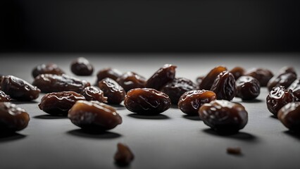 Obraz premium Close-up scattered, glistening Medjool dates a dark gray surface.