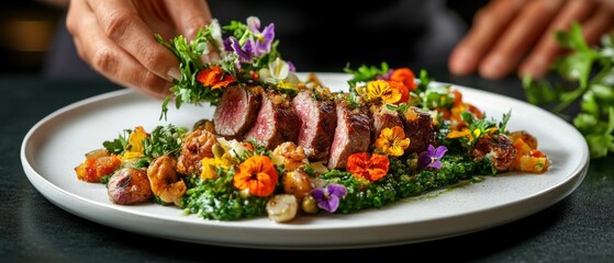 Sliced lamb garnished with edible flowers, kale, and nuts is served elegantly by a hand in a beautifully plated gourmet dish for fine dining experience