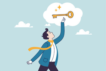 Unlock potential, discover key to solution solving problem, open mindset for new opportunity, think to develop idea, achievement or freedom concept, businessman put key to keyhole in thought bubble.