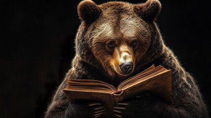Obraz premium A grizzly bear carefully flipping through a book, hyperrealistic details in fur and book texture. 
