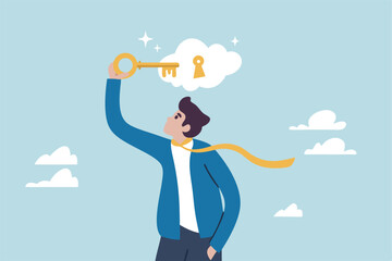Unlock potential, discover key to solution solving problem, open mindset for new opportunity, think to develop idea, achievement or freedom concept, businessman put key to keyhole in thought bubble.