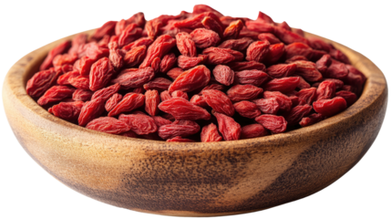 Goji Berries in Wooden Bowl: A close-up shot reveals a wooden bowl overflowing with vibrant, ruby-red goji berries, capturing the essence of natural health and deliciousness.