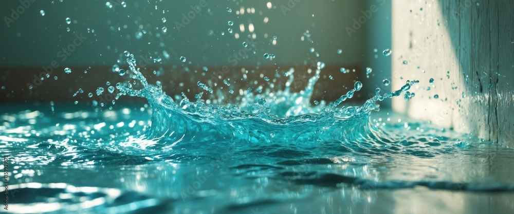 Poster throwing of water creates splashes as they strike the wall and floor in a stop-motion freeze shot. s