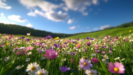 Fototapeta premium A vibrant meadow filled with colorful wildflowers under a bright blue sky and fluffy clouds. Concept Vibrant Meadow, Colorful Wildflowers, Bright Blue Sky, Fluffy Clouds, Nature's Beauty