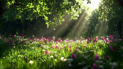 Naklejka premium A serene forest scene with vibrant wildflowers illuminated by sunlight filtering through leafy trees. Concept Serene Forest, Vibrant Wildflowers, Sunlight Filtering, Leafy Trees, Nature's Beauty