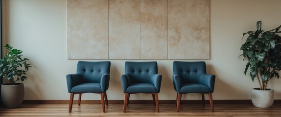 Two chairs situated in a waiting room against the wall, couple therapy symbol.