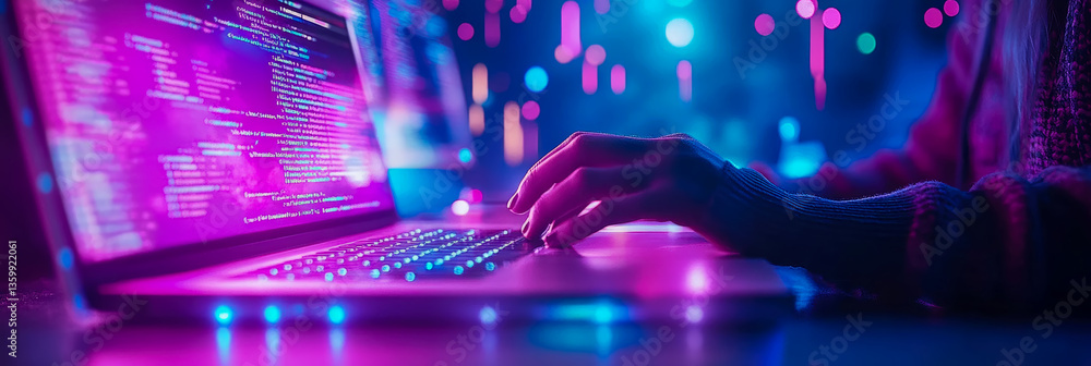 Aufkleber coding in a neon cyberpunk haze: a developer's digital dreamscape