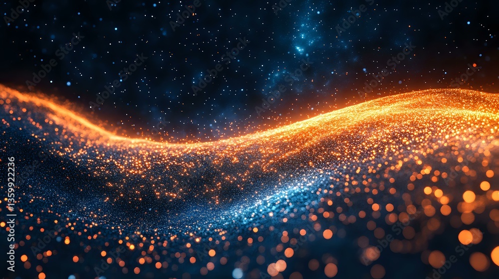 Poster glowing orange and blue particle wave with sparkles flowing through dark space, creating dynamic mot