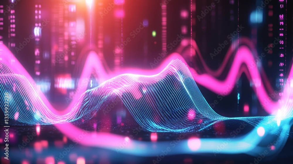 Poster abstract digital art showcasing a vibrant landscape with luminous pink and blue waveforms that blend