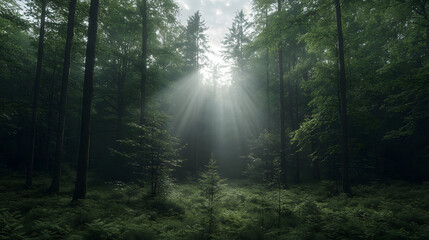 Obraz premium Sunlight piercing misty forest (1)